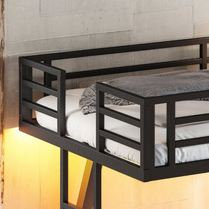 English Elm Twin Over Metal Bunk Bed with Dual Ladders LED Light and Reinforced Low Profile Frame W5305S00200