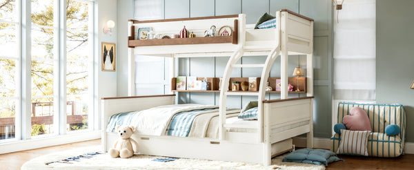 English Elm Full Over Bunk Bed Solid Round Tube Frame Arched Rails Vintage Kids Room Beige+Natural 79.5 L x 57.7 W x 60.2 H MDF,Pine,Plywood W5305S00201