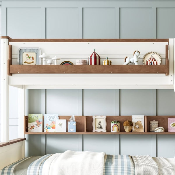 English Elm Full Over Bunk Bed Solid Round Tube Frame Arched Rails Vintage Kids Room Beige+Natural 79.5 L x 57.7 W x 60.2 H MDF,Pine,Plywood W5305S00201