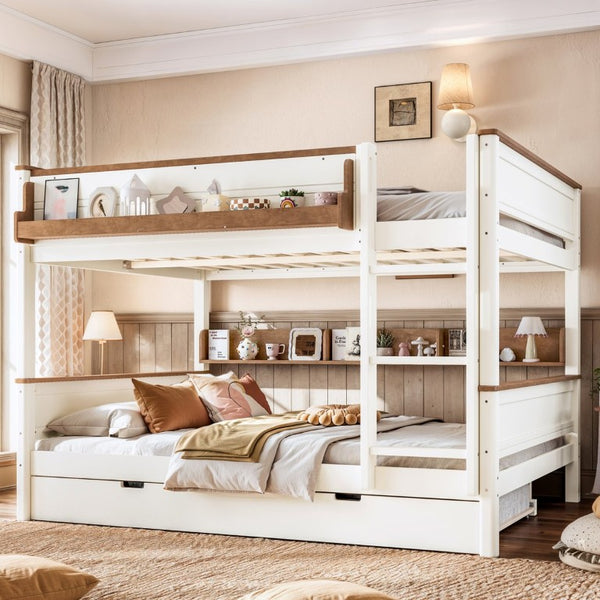 English Elm Queen Over Pine Wood Bunk Bed with Trundle Storage Shelf Converts to Two Platform Beds Beige+Natural 85 L x 64.2 W x 60.2 H MDF,Pine,Plywood W5305S00202