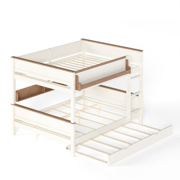 English Elm Queen Over Pine Wood Bunk Bed with Trundle Storage Shelf Converts to Two Platform Beds Beige+Natural 85 L x 64.2 W x 60.2 H MDF,Pine,Plywood W5305S00202