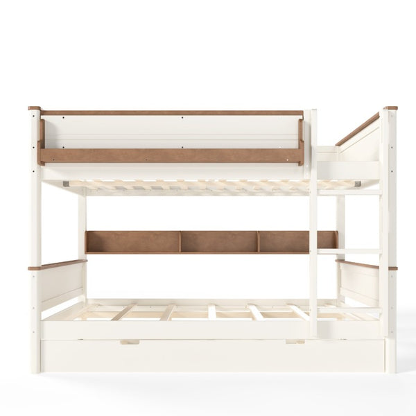 English Elm Queen Over Pine Wood Bunk Bed with Trundle Storage Shelf Converts to Two Platform Beds Beige+Natural 85 L x 64.2 W x 60.2 H MDF,Pine,Plywood W5305S00202