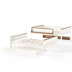English Elm Queen Over Pine Wood Bunk Bed with Trundle Storage Shelf Converts to Two Platform Beds Beige+Natural 85 L x 64.2 W x 60.2 H MDF,Pine,Plywood W5305S00202