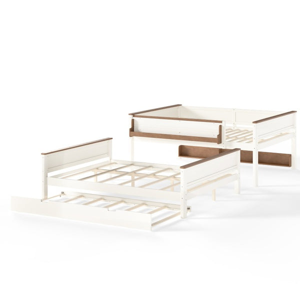 English Elm Queen Over Pine Wood Bunk Bed with Trundle Storage Shelf Converts to Two Platform Beds Beige+Natural 85 L x 64.2 W x 60.2 H MDF,Pine,Plywood W5305S00202