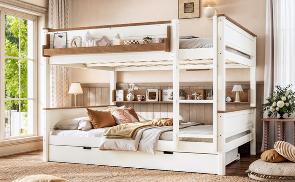 English Elm Queen Over Pine Wood Bunk Bed with Trundle Storage Shelf Converts to Two Platform Beds Beige+Natural 85 L x 64.2 W x 60.2 H MDF,Pine,Plywood W5305S00202