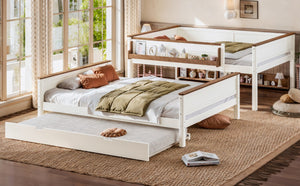 English Elm Queen Over Pine Wood Bunk Bed with Trundle Storage Shelf Converts to Two Platform Beds Beige+Natural 85 L x 64.2 W x 60.2 H MDF,Pine,Plywood W5305S00202
