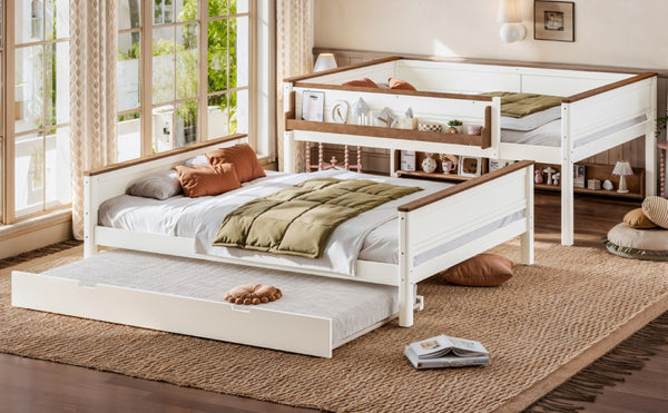 English Elm Queen Over Pine Wood Bunk Bed with Trundle Storage Shelf Converts to Two Platform Beds Beige+Natural 85 L x 64.2 W x 60.2 H MDF,Pine,Plywood W5305S00202