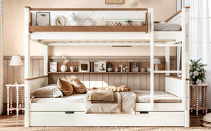 English Elm Queen Over Pine Wood Bunk Bed with Trundle Storage Shelf Converts to Two Platform Beds Beige+Natural 85 L x 64.2 W x 60.2 H MDF,Pine,Plywood W5305S00202