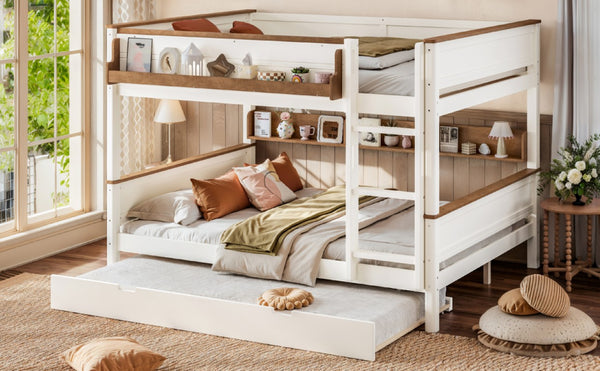 English Elm Queen Over Pine Wood Bunk Bed with Trundle Storage Shelf Converts to Two Platform Beds Beige+Natural 85 L x 64.2 W x 60.2 H MDF,Pine,Plywood W5305S00202