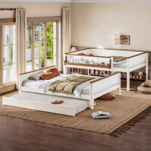 English Elm Queen Over Pine Wood Bunk Bed with Trundle Storage Shelf Converts to Two Platform Beds Beige+Natural 85 L x 64.2 W x 60.2 H MDF,Pine,Plywood W5305S00202