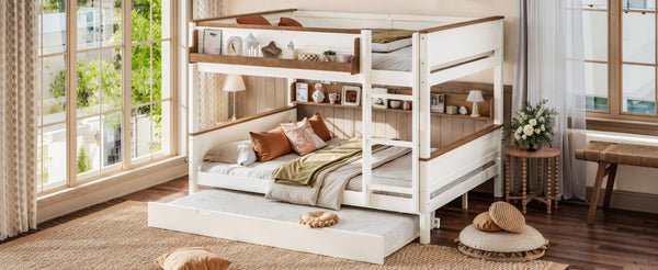 English Elm Queen Over Pine Wood Bunk Bed with Trundle Storage Shelf Converts to Two Platform Beds Beige+Natural 85 L x 64.2 W x 60.2 H MDF,Pine,Plywood W5305S00202