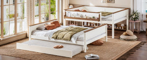 English Elm Queen Over Pine Wood Bunk Bed with Trundle Storage Shelf Converts to Two Platform Beds Beige+Natural 85 L x 64.2 W x 60.2 H MDF,Pine,Plywood W5305S00202