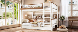 English Elm Queen Over Pine Wood Bunk Bed with Trundle Storage Shelf Converts to Two Platform Beds Beige+Natural 85 L x 64.2 W x 60.2 H MDF,Pine,Plywood W5305S00202