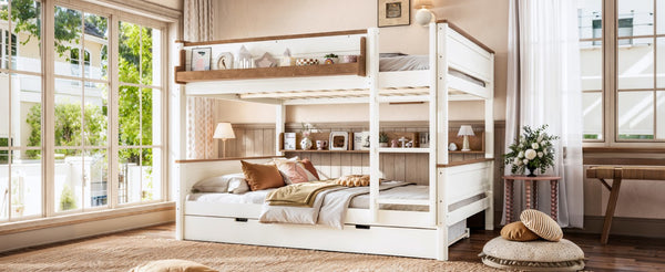 English Elm Queen Over Pine Wood Bunk Bed with Trundle Storage Shelf Converts to Two Platform Beds Beige+Natural 85 L x 64.2 W x 60.2 H MDF,Pine,Plywood W5305S00202
