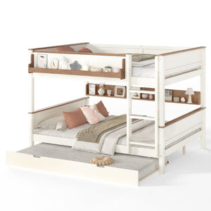 English Elm Queen Over Pine Wood Bunk Bed with Trundle Storage Shelf Converts to Two Platform Beds Beige+Natural 85 L x 64.2 W x 60.2 H MDF,Pine,Plywood W5305S00202