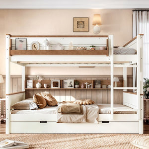 English Elm Queen Over Pine Wood Bunk Bed with Trundle Storage Shelf Converts to Two Platform Beds Beige+Natural 85 L x 64.2 W x 60.2 H MDF,Pine,Plywood W5305S00202