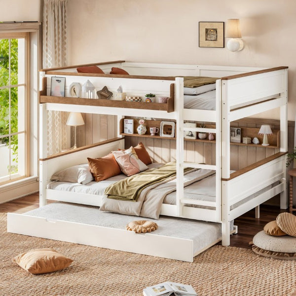 English Elm Queen Over Pine Wood Bunk Bed with Trundle Storage Shelf Converts to Two Platform Beds Beige+Natural 85 L x 64.2 W x 60.2 H MDF,Pine,Plywood W5305S00202