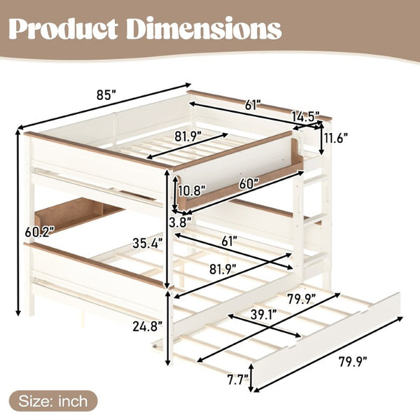 English Elm Queen Over Pine Wood Bunk Bed with Trundle Storage Shelf Converts to Two Platform Beds Beige+Natural 85 L x 64.2 W x 60.2 H MDF,Pine,Plywood W5305S00202