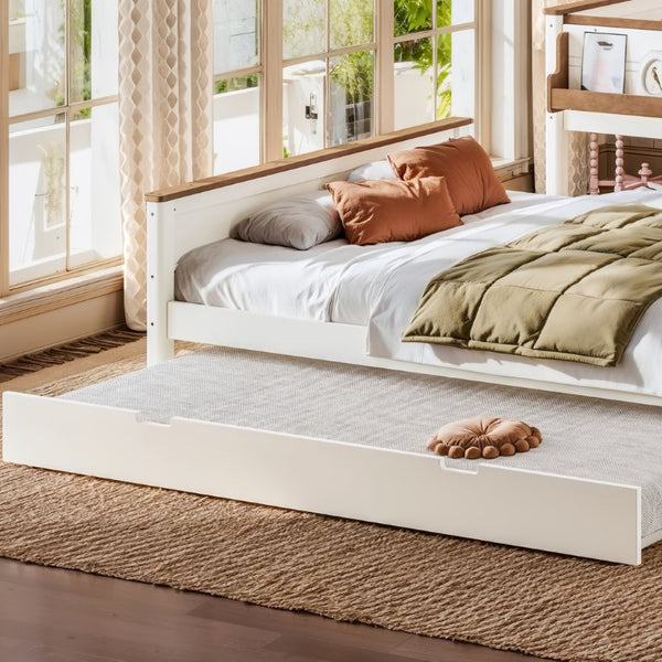 English Elm Queen Over Pine Wood Bunk Bed with Trundle Storage Shelf Converts to Two Platform Beds Beige+Natural 85 L x 64.2 W x 60.2 H MDF,Pine,Plywood W5305S00202