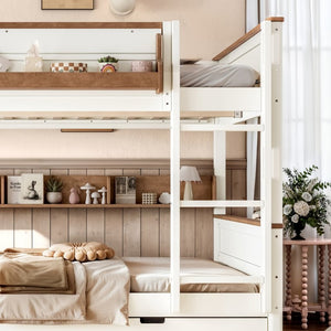 English Elm Queen Over Pine Wood Bunk Bed with Trundle Storage Shelf Converts to Two Platform Beds Beige+Natural 85 L x 64.2 W x 60.2 H MDF,Pine,Plywood W5305S00202