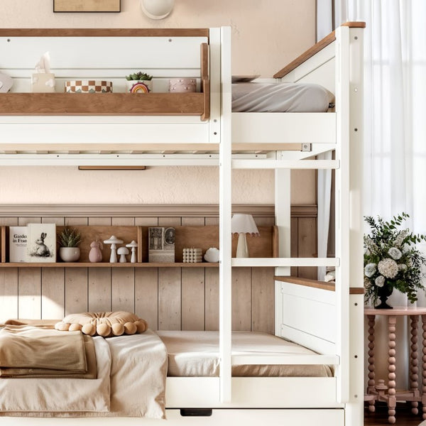 English Elm Queen Over Pine Wood Bunk Bed with Trundle Storage Shelf Converts to Two Platform Beds Beige+Natural 85 L x 64.2 W x 60.2 H MDF,Pine,Plywood W5305S00202