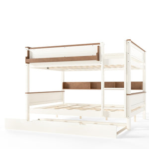 English Elm Queen Over Pine Wood Bunk Bed with Trundle Storage Shelf Converts to Two Platform Beds Beige+Natural 85 L x 64.2 W x 60.2 H MDF,Pine,Plywood W5305S00202