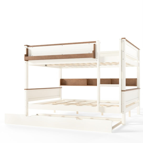 English Elm Queen Over Pine Wood Bunk Bed with Trundle Storage Shelf Converts to Two Platform Beds Beige+Natural 85 L x 64.2 W x 60.2 H MDF,Pine,Plywood W5305S00202