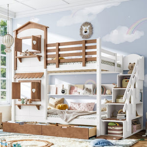 English Elm Twin Bunk Bed Playhouse with Pine Frame Stair Storage and Heart Window Shutters Twin Bunk Bed with Staircase & Drawers Beige+Natural W5305S00203