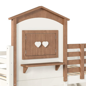 English Elm Twin Bunk Bed Playhouse with Pine Frame Stair Storage and Heart Window Shutters Twin Bunk Bed with Staircase & Drawers Beige+Natural W5305S00203