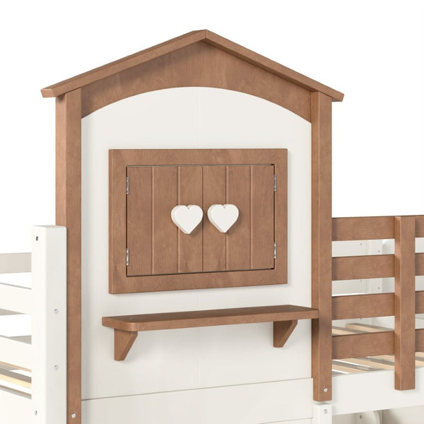 English Elm Twin Bunk Bed Playhouse with Pine Frame Stair Storage and Heart Window Shutters Twin Bunk Bed with Staircase & Drawers Beige+Natural W5305S00203