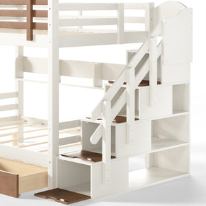 English Elm Twin Bunk Bed Playhouse with Pine Frame Stair Storage and Heart Window Shutters Twin Bunk Bed with Staircase & Drawers Beige+Natural W5305S00203