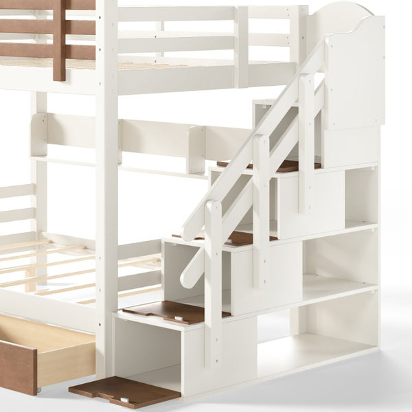 English Elm Twin Bunk Bed Playhouse with Pine Frame Stair Storage and Heart Window Shutters Twin Bunk Bed with Staircase & Drawers Beige+Natural W5305S00203