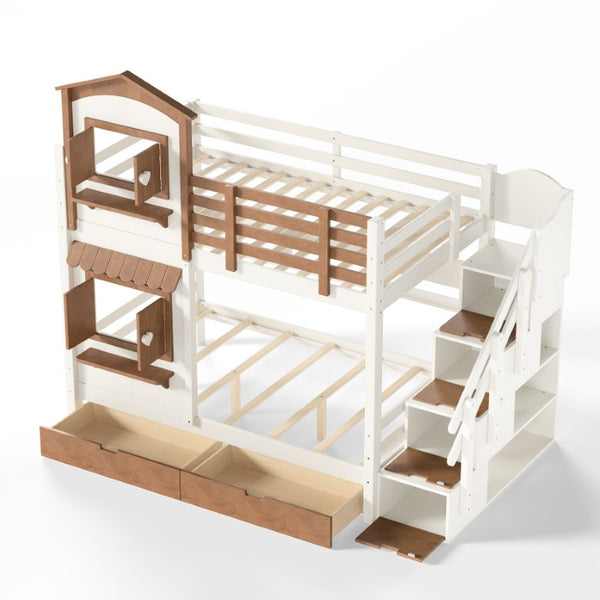 English Elm Twin Bunk Bed Playhouse with Pine Frame Stair Storage and Heart Window Shutters Twin Bunk Bed with Staircase & Drawers Beige+Natural W5305S00203