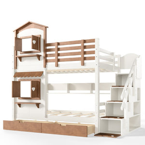 English Elm Twin Bunk Bed Playhouse with Pine Frame Stair Storage and Heart Window Shutters Twin Bunk Bed with Staircase & Drawers Beige+Natural W5305S00203