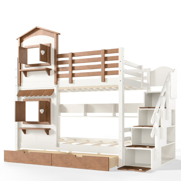 English Elm Twin Bunk Bed Playhouse with Pine Frame Stair Storage and Heart Window Shutters Twin Bunk Bed with Staircase & Drawers Beige+Natural W5305S00203