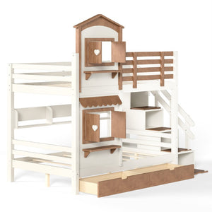 English Elm Twin Bunk Bed Playhouse with Pine Frame Stair Storage and Heart Window Shutters Twin Bunk Bed with Staircase & Drawers Beige+Natural W5305S00203