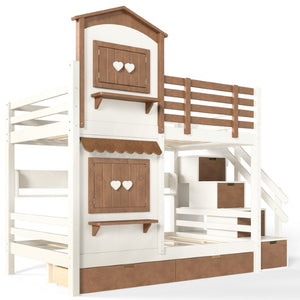 English Elm Twin Bunk Bed Playhouse with Pine Frame Stair Storage and Heart Window Shutters Twin Bunk Bed with Staircase & Drawers Beige+Natural W5305S00203