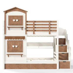 English Elm Twin Bunk Bed Playhouse with Pine Frame Stair Storage and Heart Window Shutters Twin Bunk Bed with Staircase & Drawers Beige+Natural W5305S00203