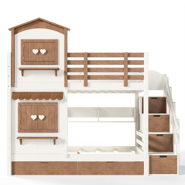 English Elm Twin Bunk Bed Playhouse with Pine Frame Stair Storage and Heart Window Shutters Twin Bunk Bed with Staircase & Drawers Beige+Natural W5305S00203