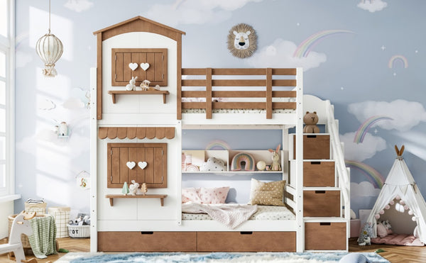 English Elm Twin Bunk Bed Playhouse with Pine Frame Stair Storage and Heart Window Shutters Twin Bunk Bed with Staircase & Drawers Beige+Natural W5305S00203