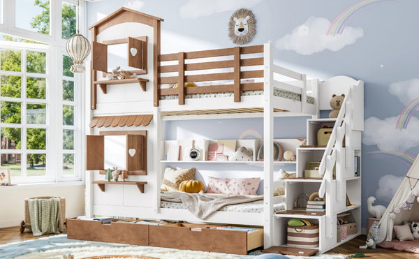 English Elm Twin Bunk Bed Playhouse with Pine Frame Stair Storage and Heart Window Shutters Twin Bunk Bed with Staircase & Drawers Beige+Natural W5305S00203