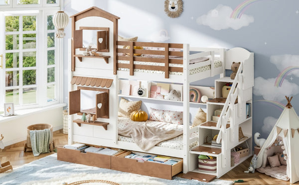 English Elm Twin Bunk Bed Playhouse with Pine Frame Stair Storage and Heart Window Shutters Twin Bunk Bed with Staircase & Drawers Beige+Natural W5305S00203