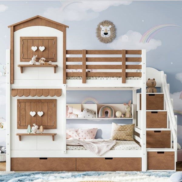 English Elm Twin Bunk Bed Playhouse with Pine Frame Stair Storage and Heart Window Shutters Twin Bunk Bed with Staircase & Drawers Beige+Natural W5305S00203
