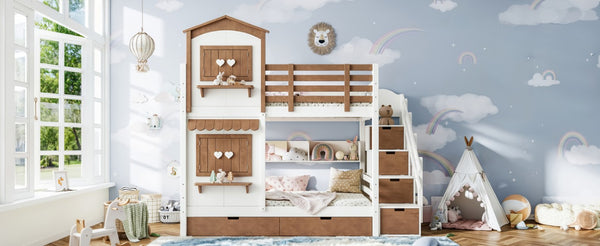 English Elm Twin Bunk Bed Playhouse with Pine Frame Stair Storage and Heart Window Shutters Twin Bunk Bed with Staircase & Drawers Beige+Natural W5305S00203