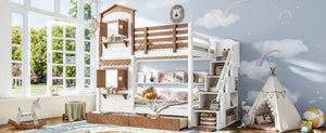 English Elm Twin Bunk Bed Playhouse with Pine Frame Stair Storage and Heart Window Shutters Twin Bunk Bed with Staircase & Drawers Beige+Natural W5305S00203