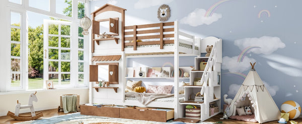 English Elm Twin Bunk Bed Playhouse with Pine Frame Stair Storage and Heart Window Shutters Twin Bunk Bed with Staircase & Drawers Beige+Natural W5305S00203