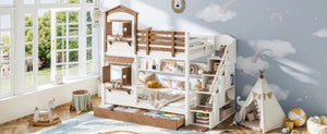 English Elm Twin Bunk Bed Playhouse with Pine Frame Stair Storage and Heart Window Shutters Twin Bunk Bed with Staircase & Drawers Beige+Natural W5305S00203