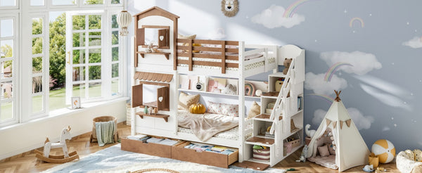 English Elm Twin Bunk Bed Playhouse with Pine Frame Stair Storage and Heart Window Shutters Twin Bunk Bed with Staircase & Drawers Beige+Natural W5305S00203