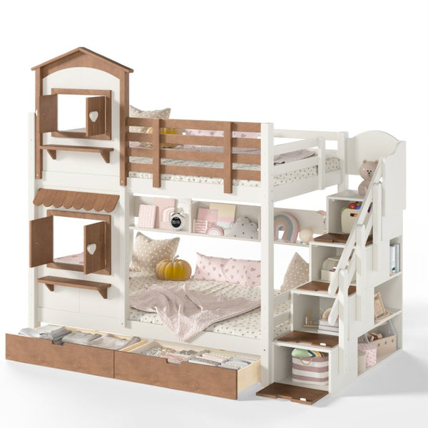 English Elm Twin Bunk Bed Playhouse with Pine Frame Stair Storage and Heart Window Shutters Twin Bunk Bed with Staircase & Drawers Beige+Natural W5305S00203