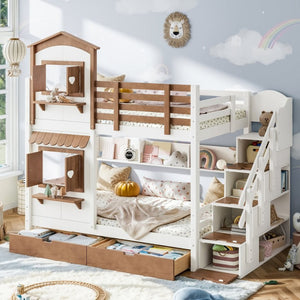 English Elm Twin Bunk Bed Playhouse with Pine Frame Stair Storage and Heart Window Shutters Twin Bunk Bed with Staircase & Drawers Beige+Natural W5305S00203